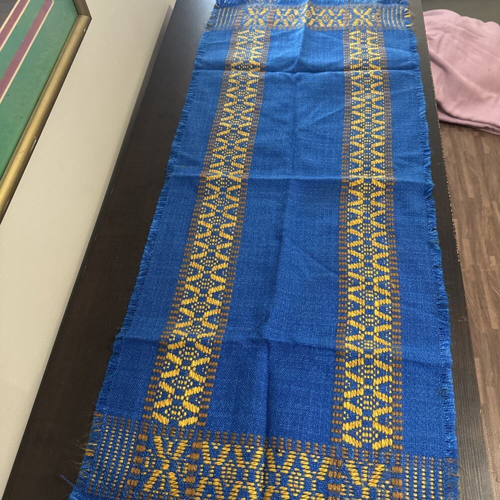 Retro MCM Blue And Gold Vintage Table Runner Tolentex Decke 18x 30”